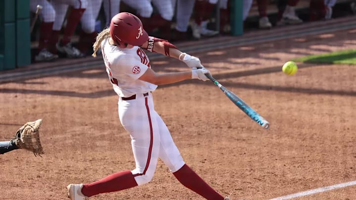 Alabama Softball Player Abby Duchscherer (10) hits a homerun against Alabama State at Rhoads Stadium in Tuscaloosa, AL on Tuesday, Apr 1, 2025 Alabama Softball Player Abby Duchscherer (10) hits a homerun against Alabama State at Rhoads Stadium in Tuscaloosa, AL on Tuesday, Apr 1, 2025