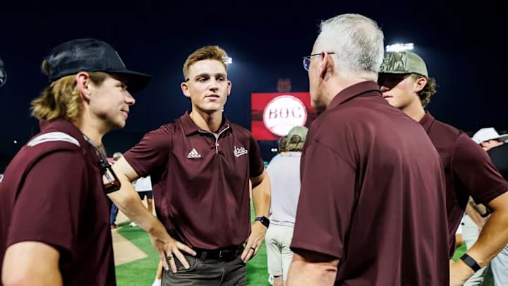 Mississippi State Outfielder Bryce Chance (#38), Mississippi State Infielder Sawyer Reeves (#2), Mississippi State Infielder Gehrig Frei (#34) and Mississippi State Head Coach Brian O'Connor during the Brian O’Connor Welcome Event at Dudy Noble Field at Polk-Dement Stadium in Starkville, MS.