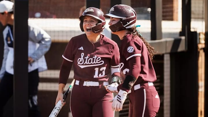 Mississippi State Utility Player Morgan Bernardini (#13) and Mississippi State Catcher/Infielder Abby Grace Richardson (#2) during the game between the Murray State and Mississippi State at Nusz Park in Starkville, MS.