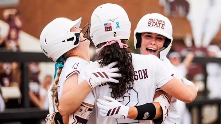 Mississippi State Infielder Morgan Stiles (#24), Mississippi State Catcher/Infielder Abby Grace Richardson (#2) and Mississippi State Infielder Gabby Schaeffer (#7) during the game between the Tennessee Volunteers and the Mississippi State Bulldogs at Nusz Park in Starkville, MS.