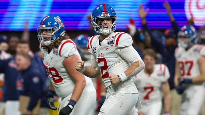 Dec 30, 2023; Atlanta, GA, USA; Mississippi Rebels quarterback Jaxson Dart (2) reacts after a big play.