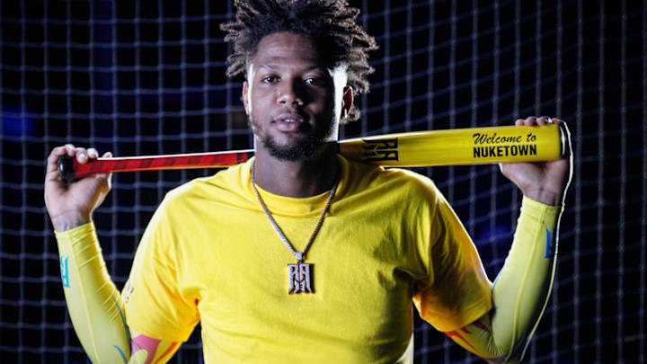 Ronald Acuña Jr. of the Atlanta Braves poses with his La Bestia bat, now available in Call of Duty: Mobile
