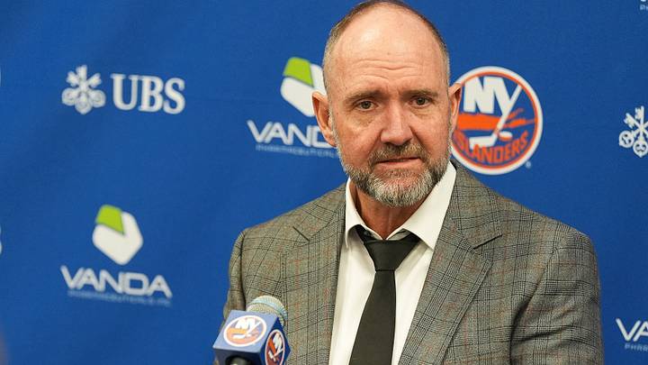 Apr 12, 2026; Elmont, New York, USA; New York Islanders head coach Peter DeBoer speaks to the media after a game against the Montreal Canadiens at UBS Arena. Mandatory Credit: Alexander Wohl-Imagn Images
