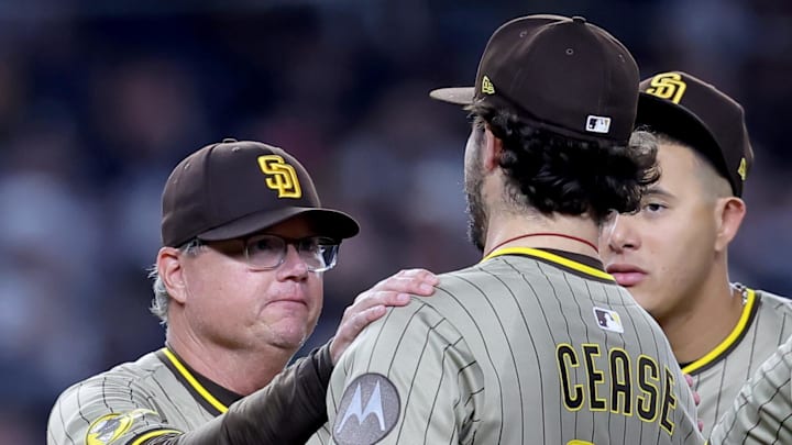 Padres manager Mike Shildt (8) talks to starting pitcher Dylan Cease (84) before taking him out of the game against the New York Yankees during the seventh inning at Yankee Stadium. Padres manager Mike Shildt (8) talks to starting pitcher Dylan Cease (84) before taking him out of the game against the New York Yankees during the seventh inning at Yankee Stadium.
