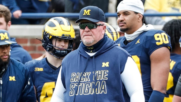 Blue Team head coach Wink Martindale watches a play during the second half of the spring game at Michigan Stadium in Ann Arbor on Saturday, April 20, 2024.