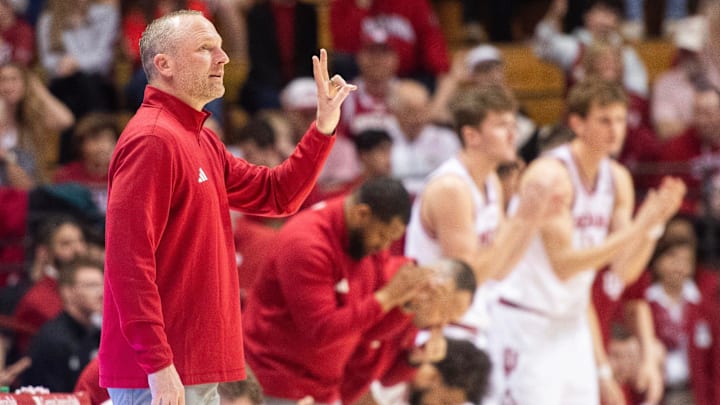 Indiana Head Coach Darian DeVries during the Indiana versus Minnesota men's basketball game at Simon Skjodt Assembly Hall on Wednesday, March 4, 2026.