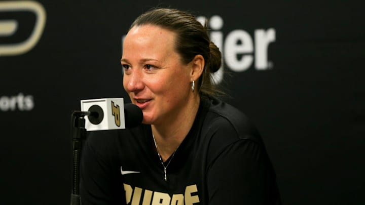 Purdue head coach Katie Gearlds after an NCAA women's basketball game against Wisconsin