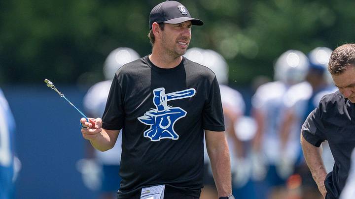 Indianapolis Colts head coach Shane Steichen swings his whistle Wednesday, June 10, 2026, as he watches the quarterbacks during minicamp at Indiana Farm Bureau Football Center in Indianapolis. Indianapolis Colts head coach Shane Steichen swings his whistle Wednesday, June 10, 2026, as he watches the quarterbacks during minicamp at Indiana Farm Bureau Football Center in Indianapolis.