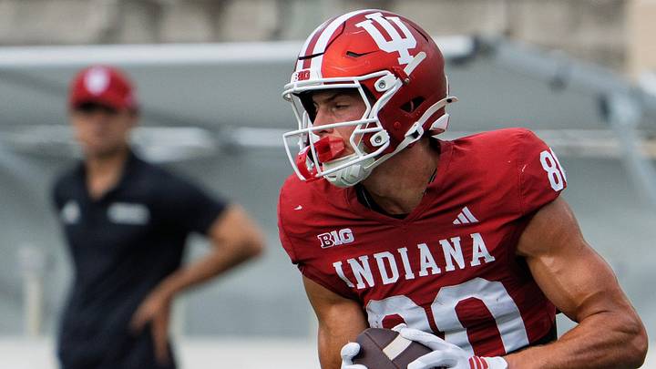 Indiana's Charlie Becker (80) during Indiana University's football camp practice on Tuesday, Aug. 11, 2026.