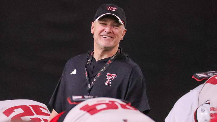 Texas tech head coach Joey McGuire looks on during spring football practice, Tuesday, April 14, 2026, at the Womble Football Center.