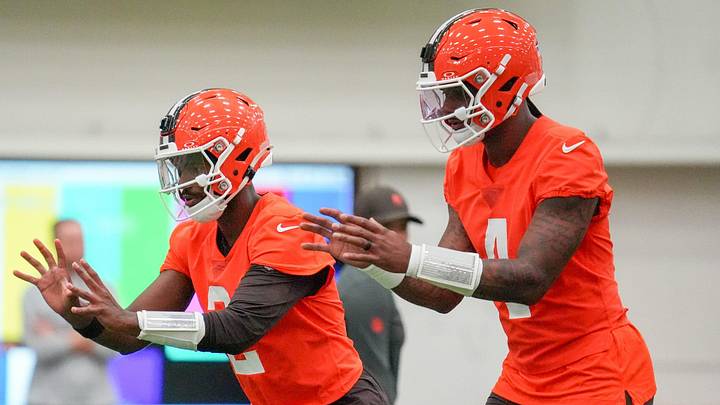 Quarterbacks Shedeur Sanders and Deshaun Watson at the Browns OTA camp in Berea on May 20, 2026.