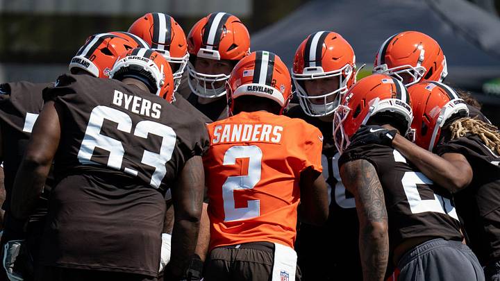 Team huddle with Shedeur Sanders, quarterback, in the center at the Browns mini camp in Berea on April 21, 2026.