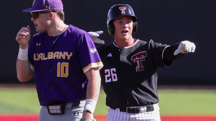 Texas Tech's Matt Quintanar celebrates hitting a double against UAlbany during a non-conference baseball game, Friday, Feb. 20, 2026, at Rip Griffin Park. Texas Tech's Matt Quintanar celebrates hitting a double against UAlbany during a non-conference baseball game, Friday, Feb. 20, 2026, at Rip Griffin Park.