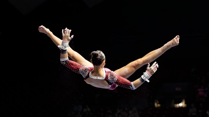 Alabama's Gabby Gladieux performs her uneven bars routine in the meet against Kentucky on Mar. 6, 2026.