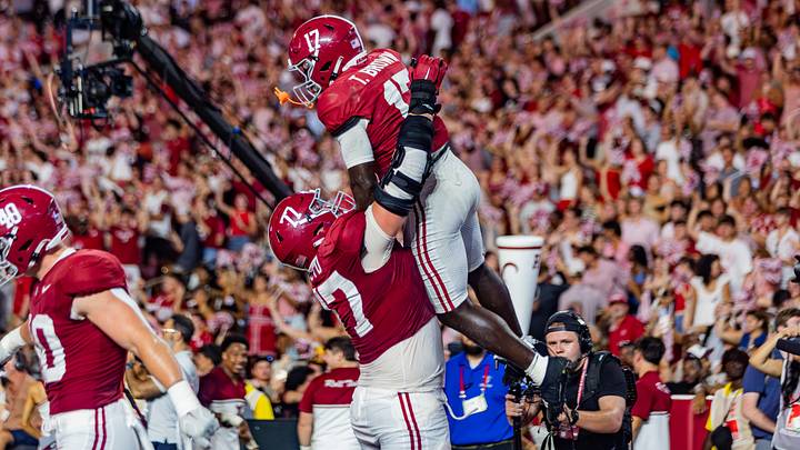 Alabama Running Back Trae'shawn Brown and Offensive Lineman Jackson Lloyd celebrates a touchdown in the second half of the game against FSU on Sept 19, 2026. Alabama Running Back Trae'shawn Brown and Offensive Lineman Jackson Lloyd celebrates a touchdown in the second half of the game against FSU on Sept 19, 2026.