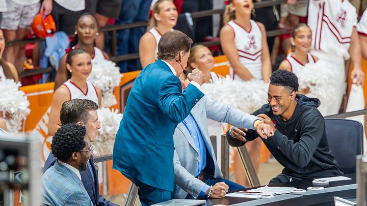 Former head coach Nick Saban gets animated at ESPN's College Gameday after Pat McAfee picked Georgia to beat Alabama in the match up on Oct 10, 2026. Former head coach Nick Saban gets animated at ESPN's College Gameday after Pat McAfee picked Georgia to beat Alabama in the match up on Oct 10, 2026.