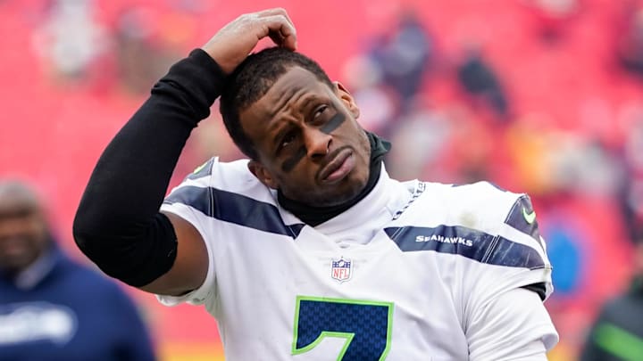 Dec 24, 2022; Kansas City, Missouri, USA; Seattle Seahawks quarterback Geno Smith (7) leaves the field after a game against the Kansas City Chiefs at GEHA Field at Arrowhead Stadium.