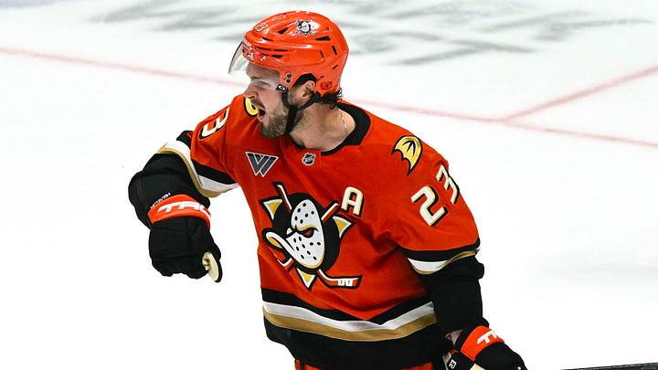Dec 5, 2025; Anaheim, California, USA; Anaheim Ducks center Mason McTavish (23) celebrates after scoring during the penalty shootout at Honda Center. Mandatory Credit: Griffin Hooper-Imagn Images