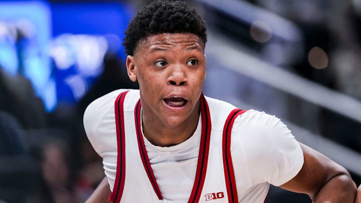 Rutgers Scarlet Knights guard Ace Bailey (4) runs a play Wednesday, March 12, 2025, in a first round game at the 2025 TIAA Big Ten Men’s Basketball Tournament between the USC Trojans and the Rutgers Scarlet Knights at Gainbridge Fieldhouse in Indianapolis. The Hawkeyes defeated the Buckeyes, 77-70.