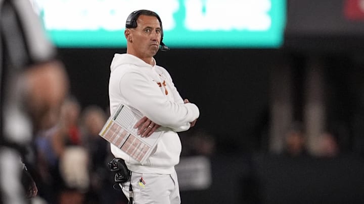 Nov 15, 2025; Athens, Georgia, USA; Texas Longhorns head coach Steve Sarkisian looks on in the first half against the Georgia Bulldogs  at Sanford Stadium. Mandatory Credit: Dale Zanine-Imagn Images