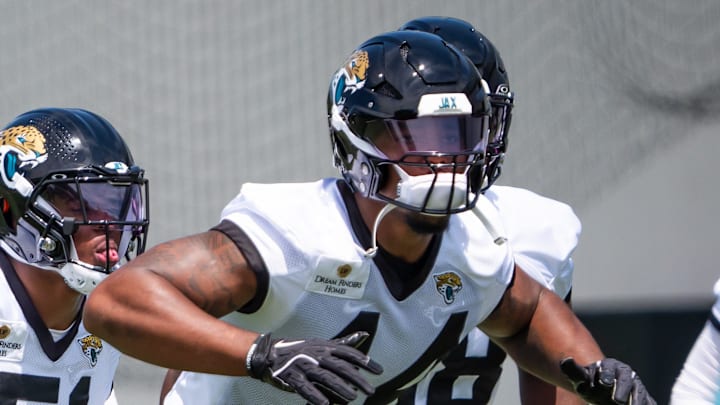 Jacksonville Jaguars defensive end Travon Walker (44) warms up during the fourth organized team activity at the Miller Electric Center in Jacksonville, Fla. Tuesday, May 27, 2025. [Doug Engle/Florida Times-Union]
