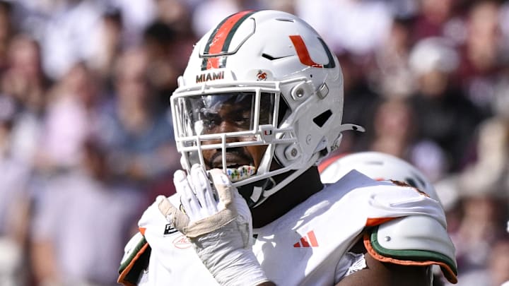 Dec 20, 2025; College Station, TX, USA; Miami Hurricanes defensive lineman Rueben Bain Jr. (4) looks on during the game between the Aggies and the Hurricanes at Kyle Field. Mandatory Credit: Jerome Miron-Imagn Images