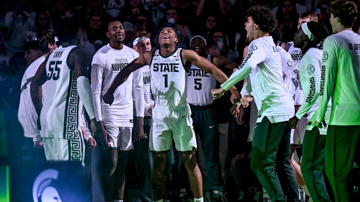 Michigan State's Jeremy Fears Jr., center, cheers as he is introduced before the game against Minnesota on Tuesday, Jan. 28, 2025, at the Breslin Center in East Lansing.