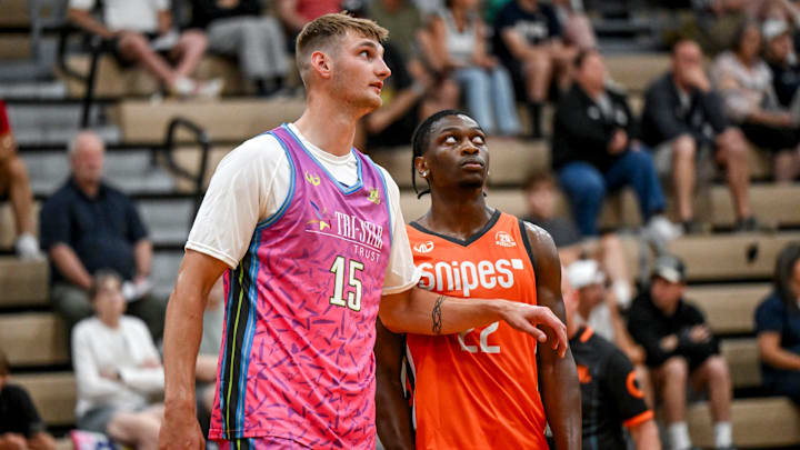 Team Tri-Star and Michigan State's Carson Cooper, left, and Team Snipes and Michigan State's Trey Fort look on during the Moneyball Pro-Am on Tuesday, June 24, 2025, at Holt High School.