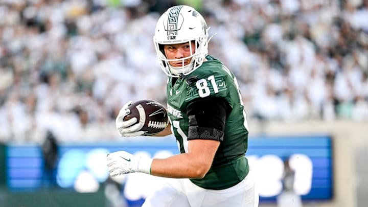 Michigan State's Michael Masunas runs after a catch against Western Michigan during the second quarter on Friday, Aug. 29, 2025, in East Lansing.