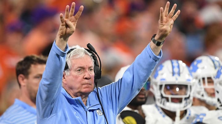 Nov 18, 2023; Clemson, South Carolina, USA; North Carolina Tar Heels head coach Mack Brown signals during the third quarter against the Clemson Tigers at Memorial Stadium. Mandatory Credit: Ken Ruinard-USA TODAY Sports
