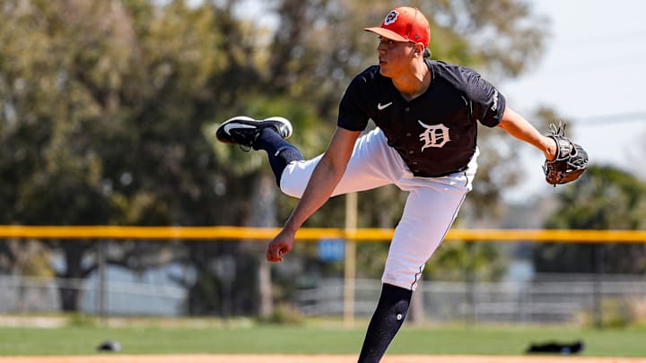 Detroit Tigers pitcher Wilmer Flores throws during spring training at TigerTown in Lakeland, Fla. on Wednesday, Feb. 21, 2024. Detroit Tigers pitcher Wilmer Flores throws during spring training at TigerTown in Lakeland, Fla. on Wednesday, Feb. 21, 2024.