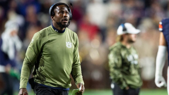 Auburn Tigers interim head coach Carnell \"Cadillac\" Williams looks on from the sideline as Auburn Tigers take on Texas A&M Aggies at Jordan-Hare Stadium in Auburn, Ala., on Saturday, Nov. 12, 2022. Auburn Tigers lead Texas A&M 7-0 at halftime.