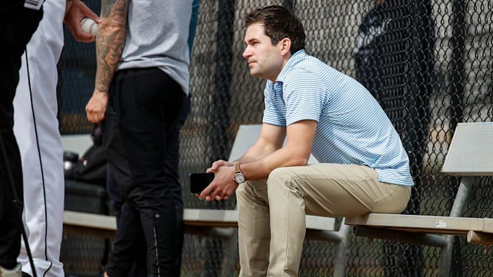 Detroit Tigers president for baseball operations Scott Harris watches practice during spring training at TigerTown in Lakeland, Fla. on Friday, Feb. 16, 2024.