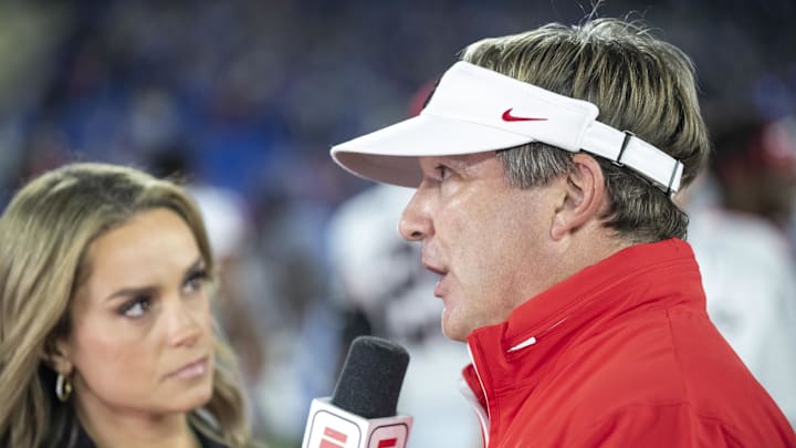 Sep 14, 2024; Lexington, Kentucky, USA; Georgia Bulldogs head coach Kirby Smart is interviewed at the end of the game against the Kentucky Wildcats at Kroger Field. Mandatory Credit: Tanner Pearson-Imagn Images Sep 14, 2024; Lexington, Kentucky, USA; Georgia Bulldogs head coach Kirby Smart is interviewed at the end of the game against the Kentucky Wildcats at Kroger Field. Mandatory Credit: Tanner Pearson-Imagn Images