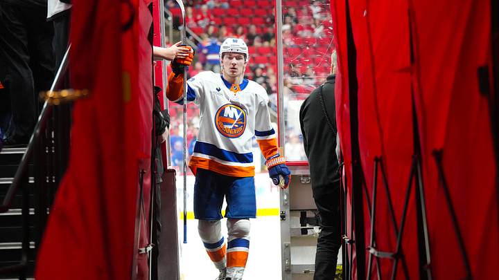 Apr 4, 2026; Raleigh, North Carolina, USA;  New York Islanders defenseman Matthew Schaefer (48) comes off the ice after the warmups before the start of the game against the Carolina Hurricanes at Lenovo Center. Mandatory Credit: James Guillory-Imagn Images