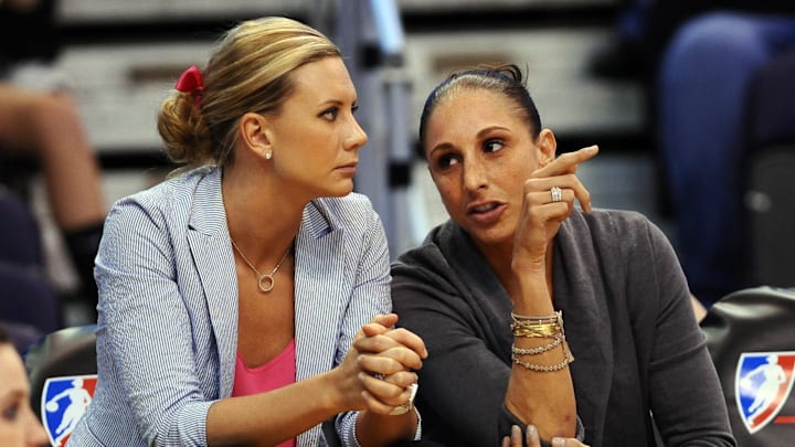 Sep. 21, 2012; Phoenix, AZ, USA; Phoenix Mercury forward Penny Taylor (left) and guard Diana Taurasi (right) talk on the bench during the game against the Minnesota Lynx at US Airways Center. The Lynx defeated 89 - 66. Mandatory Credit: Jennifer Stewart-Imagn Images