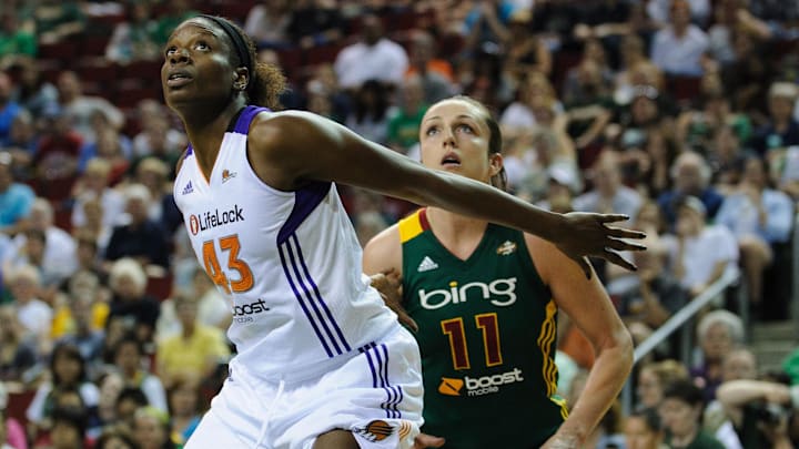 Jul 8, 2012; Seattle, WA, USA; Phoenix Mercury center Nakia Sanford (43) blocks out Seattle Storm center Ewelina Kobryn (11) during the 1st half at KeyArena. Seattle defeated Phoenix 83-68. Mandatory Credit: Steven Bisig-Imagn Images