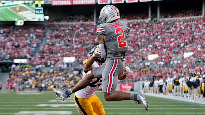 Ohio State Buckeyes wide receiver Emeka Egbuka (2) makes a touchdown catch 