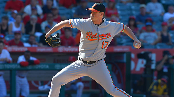 Aug 9, 2015; Anaheim, CA, USA; Baltimore Orioles relief pitcher Brian Matusz (17) in the eleventh inning of the game against the Los Angeles Angels at Angel Stadium of Anaheim. The Angels won 5-4.