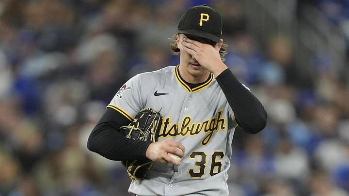 May 22, 2026; Toronto, Ontario, CAN; Pittsburgh Pirates starting pitcher Bubba Chandler (36) reacts after walking Toronto Blue Jays center fielder Daulton Varsho (not pictured) during the fifth inning at Rogers Centre. Mandatory Credit: John E. Sokolowski-Imagn Images