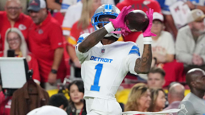 Oct 12, 2025; Kansas City, Missouri, USA; Detroit Lions wide receiver Jameson Williams (1) practices before the game against the Kansas City Chiefs at GEHA Field at Arrowhead Stadium. Mandatory Credit: Denny Medley-Imagn Images Oct 12, 2025; Kansas City, Missouri, USA; Detroit Lions wide receiver Jameson Williams (1) practices before the game against the Kansas City Chiefs at GEHA Field at Arrowhead Stadium. Mandatory Credit: Denny Medley-Imagn Images
