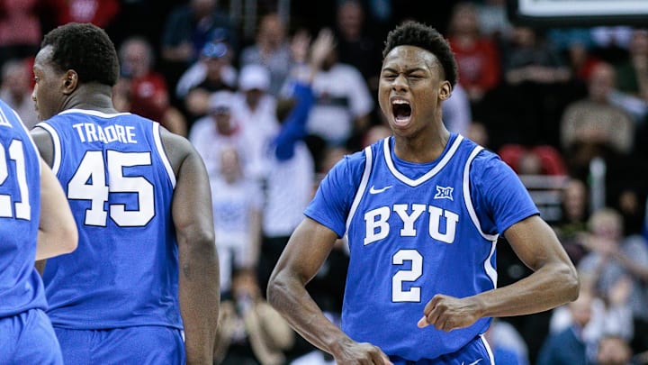 Mar 14, 2024; Kansas City, MO, USA; Brigham Young Cougars guard Jaxson Robinson (2) reacts to a play during the second half against the Texas Tech Red Raiders at T-Mobile Center. Mandatory Credit: William Purnell-USA TODAY Sports