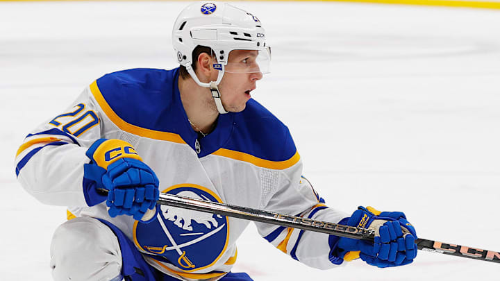 Jan 25, 2025; Edmonton, Alberta, CAN; Buffalo Sabres forward Jiri Kulich (20) follows the play against the Edmonton Oilers at Rogers Place. Mandatory Credit: Perry Nelson-Imagn Images