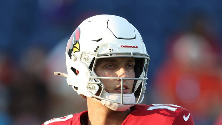 Aug 6, 2026; Canton, Ohio, USA;  Arizona Cardinals quarterback Carson Beck (19) warms up before playing the the Carolina Panthers at Tom Benson Hall of Fame Stadium. Mandatory Credit: Charles LeClaire-Imagn Images