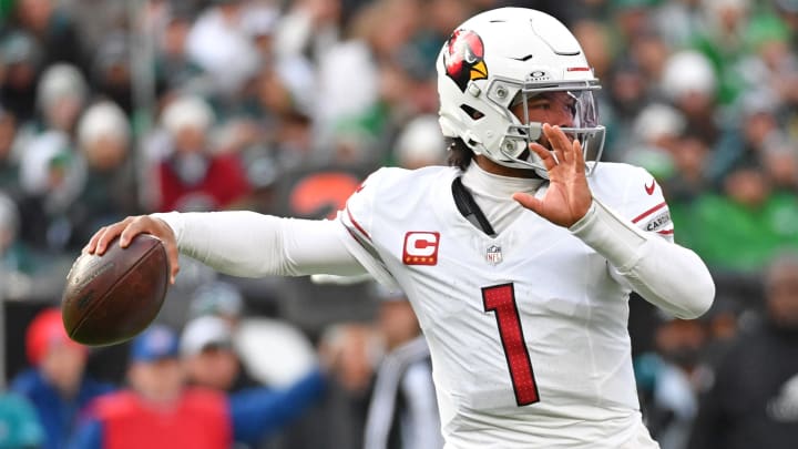 Dec 31, 2023; Philadelphia, Pennsylvania, USA; Arizona Cardinals quarterback Kyler Murray (1) throws a pass against the Philadelphia Eagles at Lincoln Financial Field. Mandatory Credit: Eric Hartline-USA TODAY Sports
