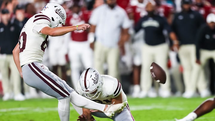 Sep 23, 2023; Columbia, South Carolina, USA; Mississippi State Bulldogs place kicker Kyle Ferrie (80) kicks a field goal against the South Carolina Gamecocks in the second half at Williams-Brice Stadium. Mandatory Credit: Jeff Blake-USA TODAY Sports