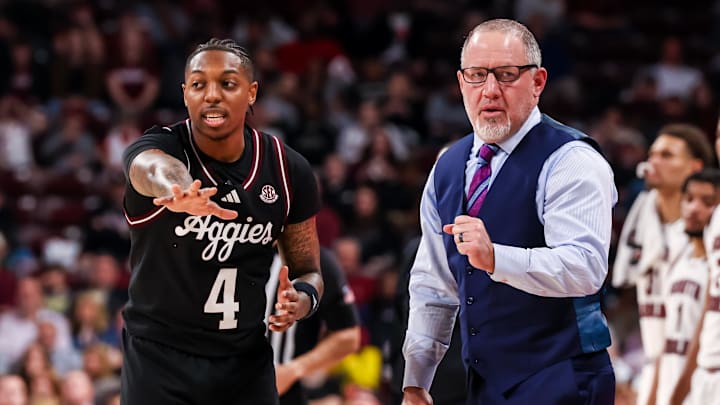 Feb 1, 2025; Columbia, South Carolina, USA; Texas A&M Aggies head coach Buzz Williams directs guard Wade Taylor IV (4) in the second half at Colonial Life Arena. Mandatory Credit: Jeff Blake-Imagn Images
