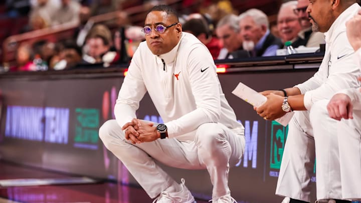Feb 22, 2025; Columbia, South Carolina, USA; Texas Longhorns head coach Rodney Terry directs his team against the South Carolina Gamecocks in the first half at Colonial Life Arena. Mandatory Credit: Jeff Blake-Imagn Images