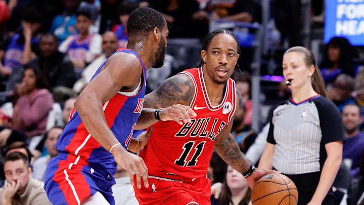 Oct 28, 2023; Detroit, Michigan, USA;  Chicago Bulls forward DeMar DeRozan (11) dribbles the ball as