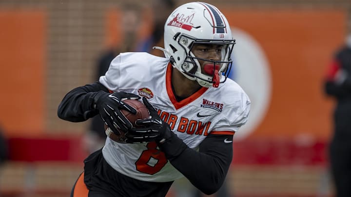 Feb 2, 2023; Mobile, AL, USA; American wide receiver Jalen Wayne of South Alabama (8) practices